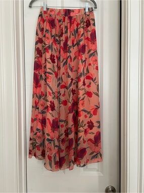 Floral Peach Midi Skirt with Coral and Berry Blooms